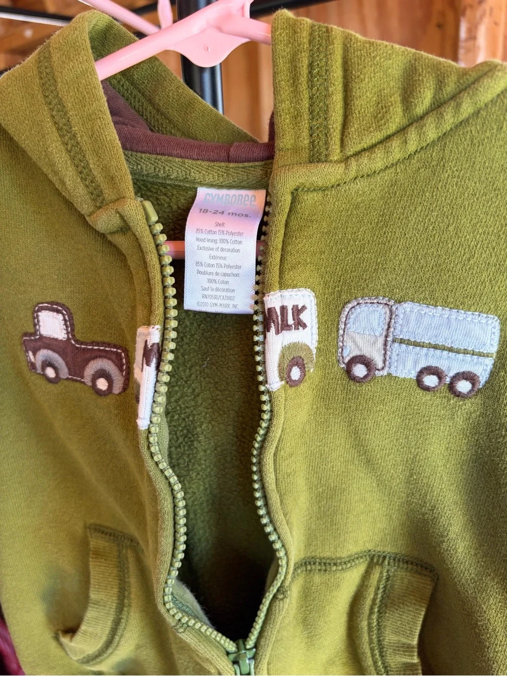 Gymboree Olive Green Hooded Zip Sweatshirt with Embroidered Truck Appliqués